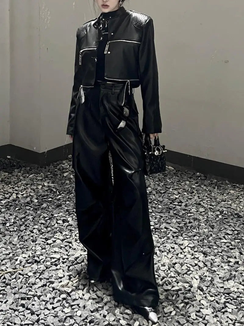 unisex essential premium 487cdb style wear hip oversized fit design high image material quality casual everyday print urban - graphic fashion streetwear style hop european-and-american-heavy-industry-multi-zipper-design-spider-web-shoulder-pad-leather-jacket-for-women-2024-new-jacket-top streetwear design ID 6e672