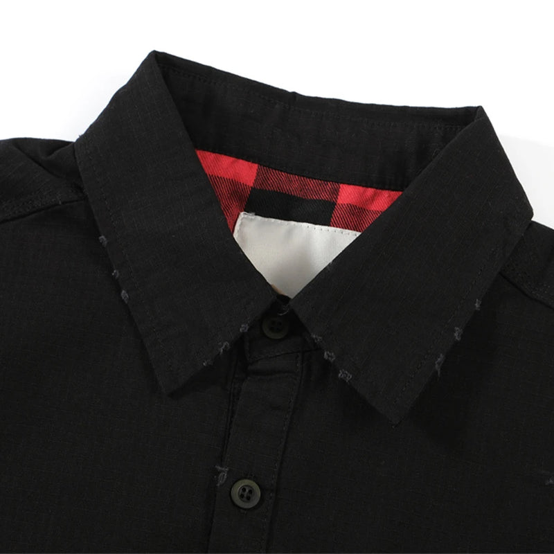 Undermycar 2023 New Worn Out Heavy Work Durable Splice Extra Large Loose Plaid Shirt with Black and Red Plaid