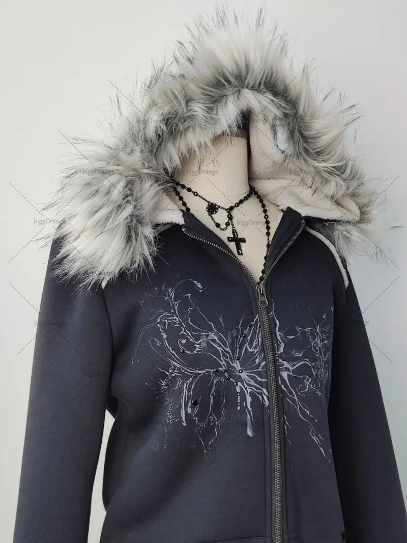 Harajuku Y2K Streetwear Jacket High Street Retro Fur Collar Zipper Hoo