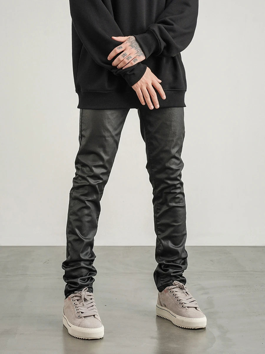 men pants high street wax coating pant casual streetwear hip hop zipper trousers harajuku fashion slim fit skinny pants joggers unique joggers style 2127