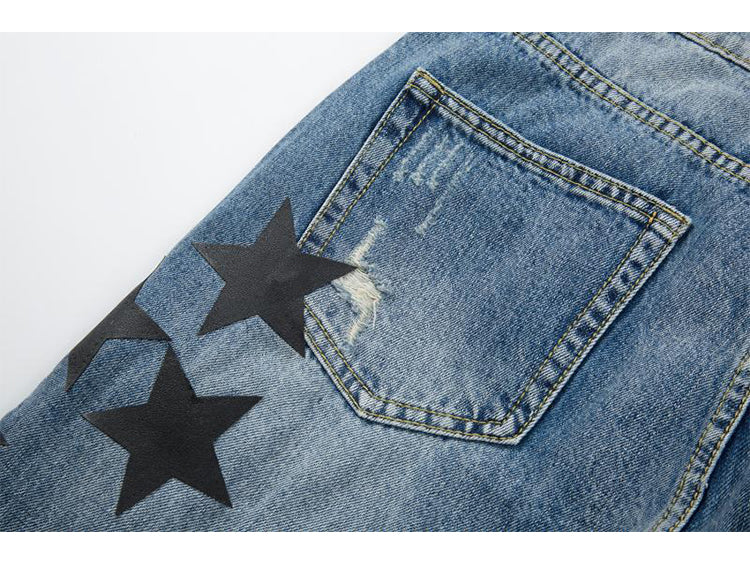 fashion ripped destroied jeans trousers distressed biker jeans with stars high street slim pants joggers denim jeans for men unique joggers style 3266