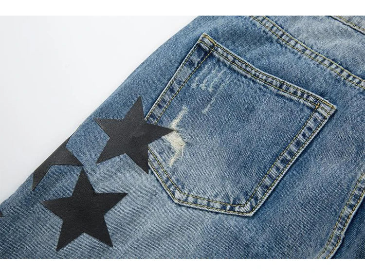 fashion ripped destroied jeans trousers distressed biker jeans with stars high street slim pants joggers denim jeans for men unique joggers style 3249