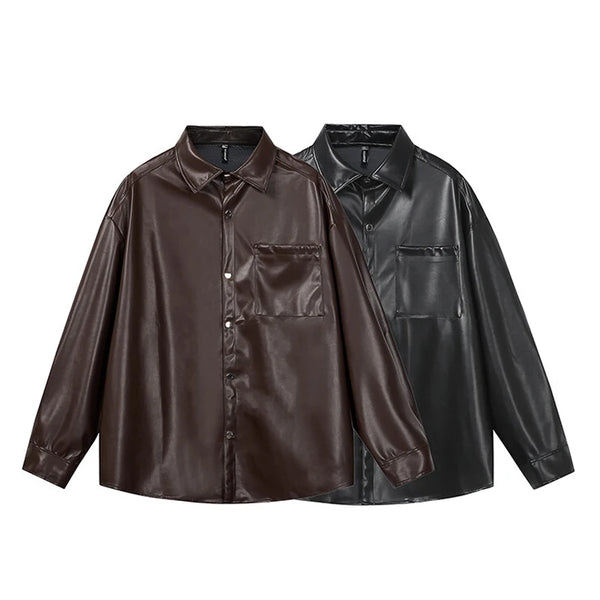 Fashion PU Jacket Shirt Men's Streetwear Oversize Loose Casual Long Sleeve Shirt Coat Plus Size Shirts Blouses for Men Clothes