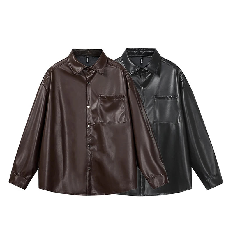 Fashion PU Jacket Shirt Men's Streetwear Oversize Loose Casual Long Sleeve Shirt Coat Plus Size Shirts Blouses for Men Clothes