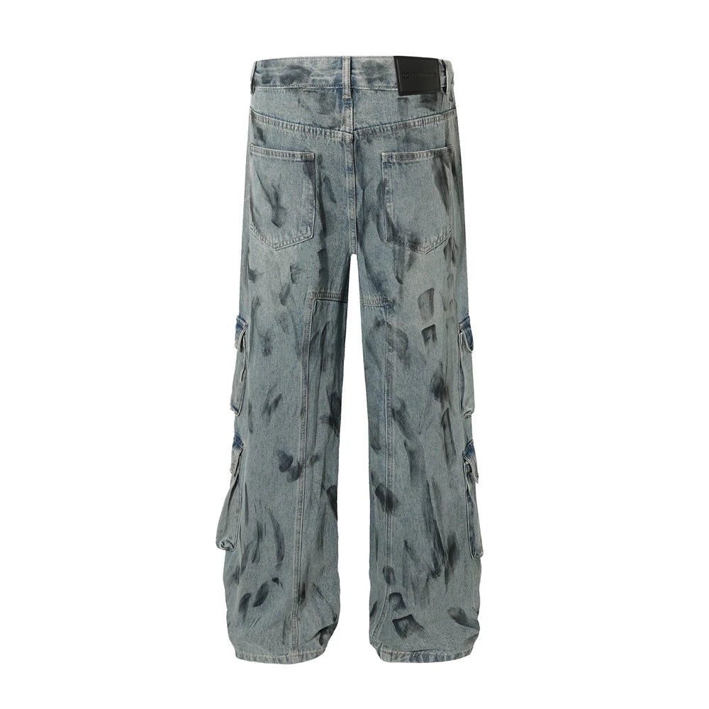 vintage multi pocket jeans mens harajuku cargo denim pants retro hip hop straight loose jean pants men clothing utility cargo pants