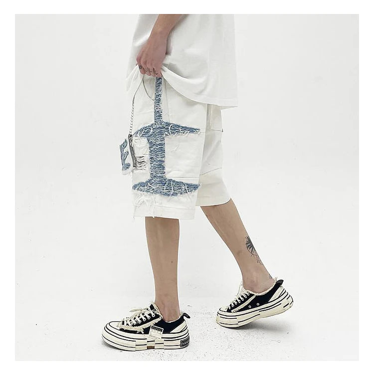 Mens High Street Denim Jean Shorts Casual Loose Destroyed Ripped Holes Loose Shorts Patchwork Hip Hop Streetwear Short Joggers