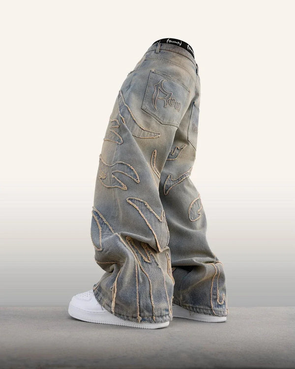 new hot selling ripped raw edge embroidered denim trousers retro harajuku baggy jeans y2k men women hip hop punk casual pants stacked flare jeans