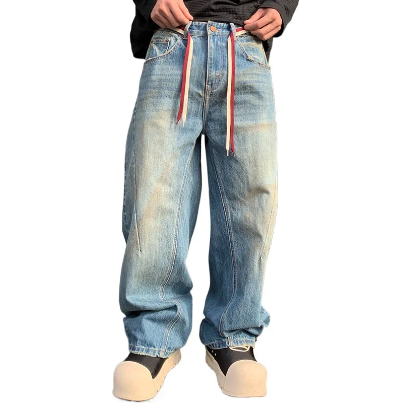 mens american streetwear fashion loose casual hip hop vintage denim baggy jeans pants man wide leg trousers y2k jeans men unique jeans style 2317