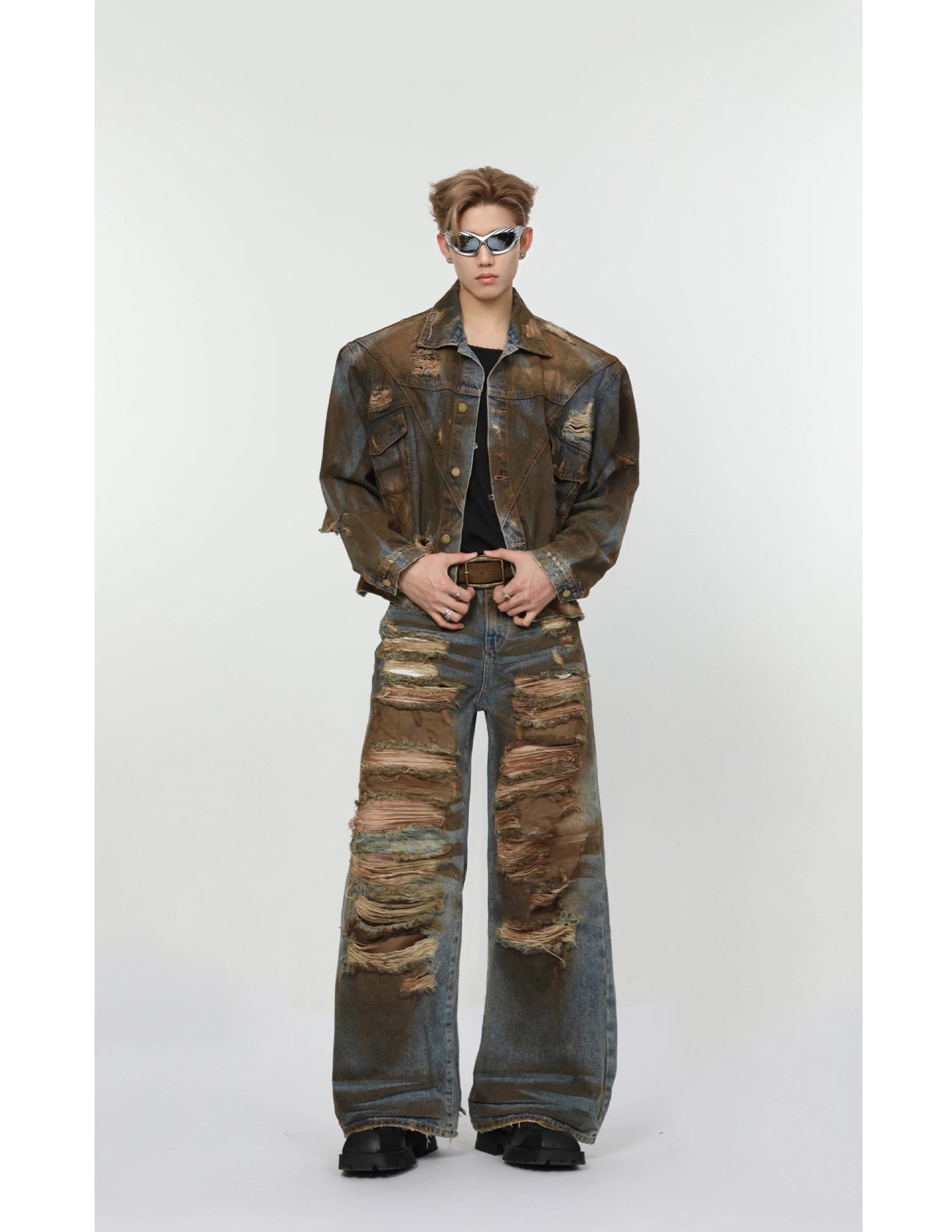 2 pieces sets mens dirty graffiti wide shouder denim jeans jacket coat and ripped holes wide legs pants joggers streetwear sets unique joggers style 4551