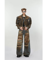 2 pieces sets mens dirty graffiti wide shouder denim jeans jacket coat and ripped holes wide legs pants joggers streetwear sets unique joggers style 4551