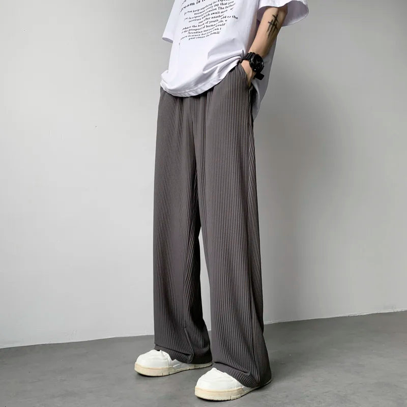 summer pleated pants men fashion oversized ice silk pants men japanese streetwear hip hop loose straight pants mens trousers menswear bottoms