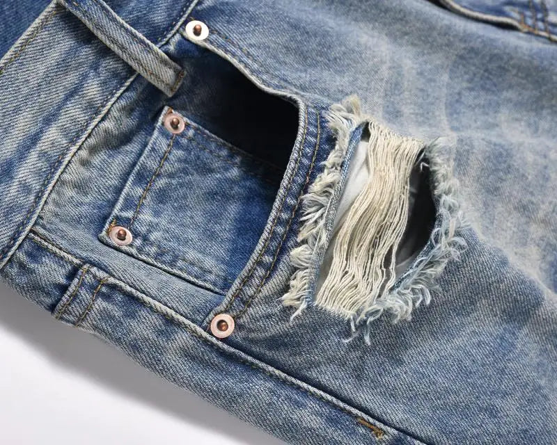 mens high street denim jean pants new casual blue slim ripped holes straight zipper jeans trousers hip hop streetwear joggers unique joggers style 767
