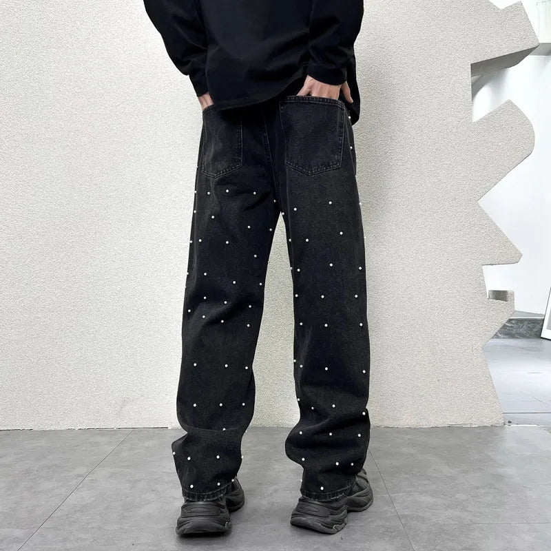 men bead streetwear fashion hip hop vibe loose casual wide leg straight denim jeans baggy pant man boyfriend jeans trousers stacked flare jeans