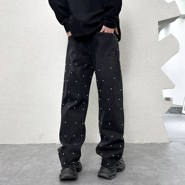 men bead streetwear fashion hip hop vibe loose casual wide leg straight denim jeans baggy pant man boyfriend jeans trousers stacked flare jeans