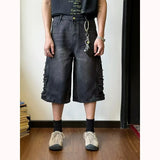 mens hip hop washed denim shorts broken hole folds burr edge street punk cowboy middle pants pockets bomber quarter pants y2k unique jeans style 4917