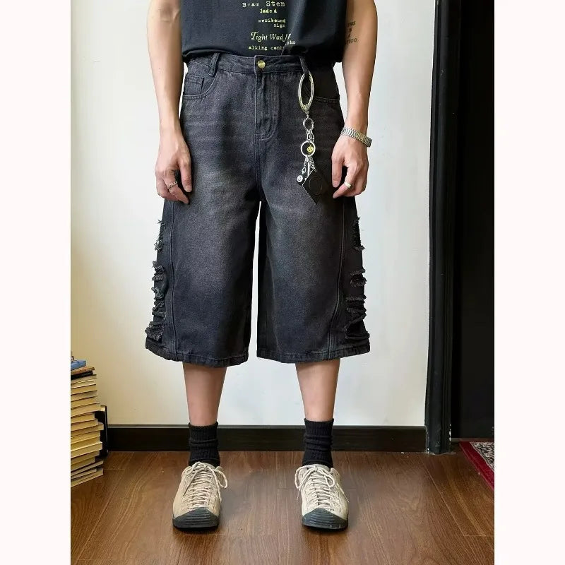 mens hip hop washed denim shorts broken hole folds burr edge street punk cowboy middle pants pockets bomber quarter pants y2k unique jeans style 4917