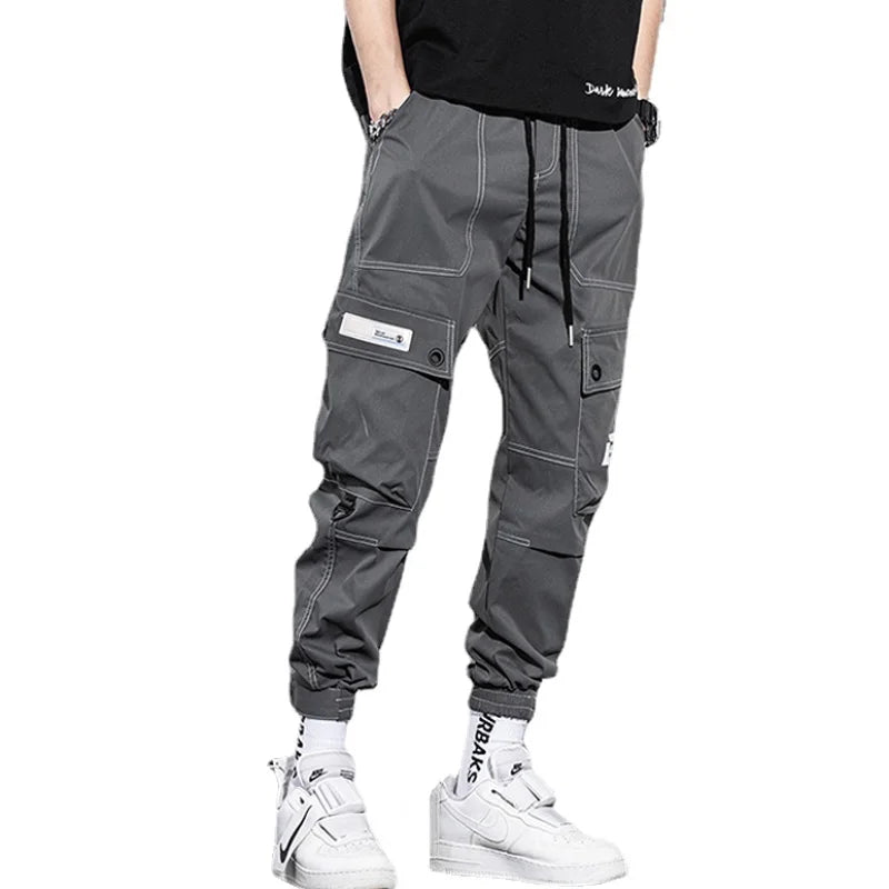 mens side pocket cargo pants casual elastic waist trousers streetwear hip hop loose fit ankle drawstring sweatpants joggers sporty tapered joggers