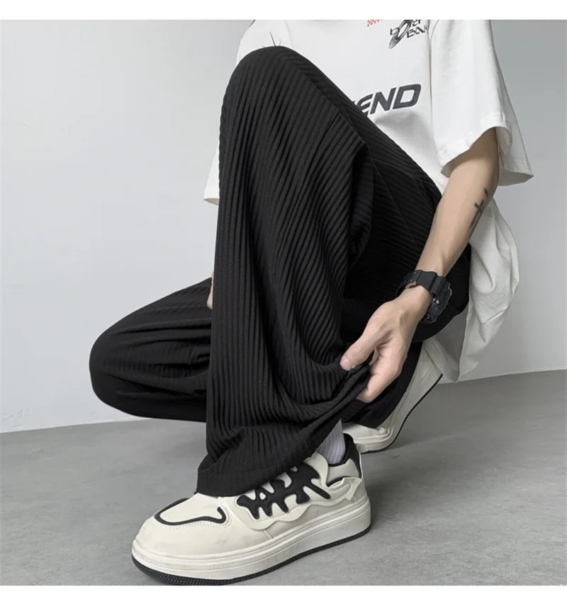summer texture straight pants for men korean fashion baggy wide leg trousers casual drape pleated striped y2k pantalones hombre unique default style 502