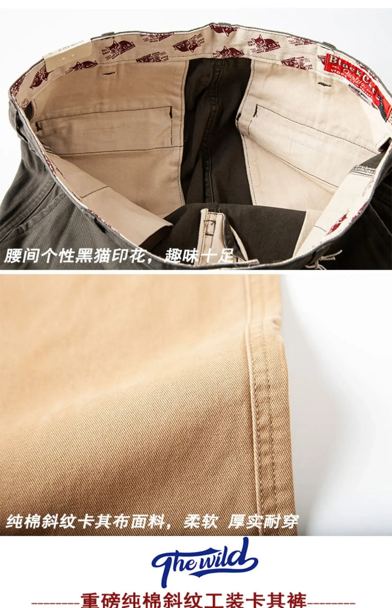autumn winter heavyweight pure cotton thick american retro workwear khaki pants business casual mens basic solid color pants unique default style 1049