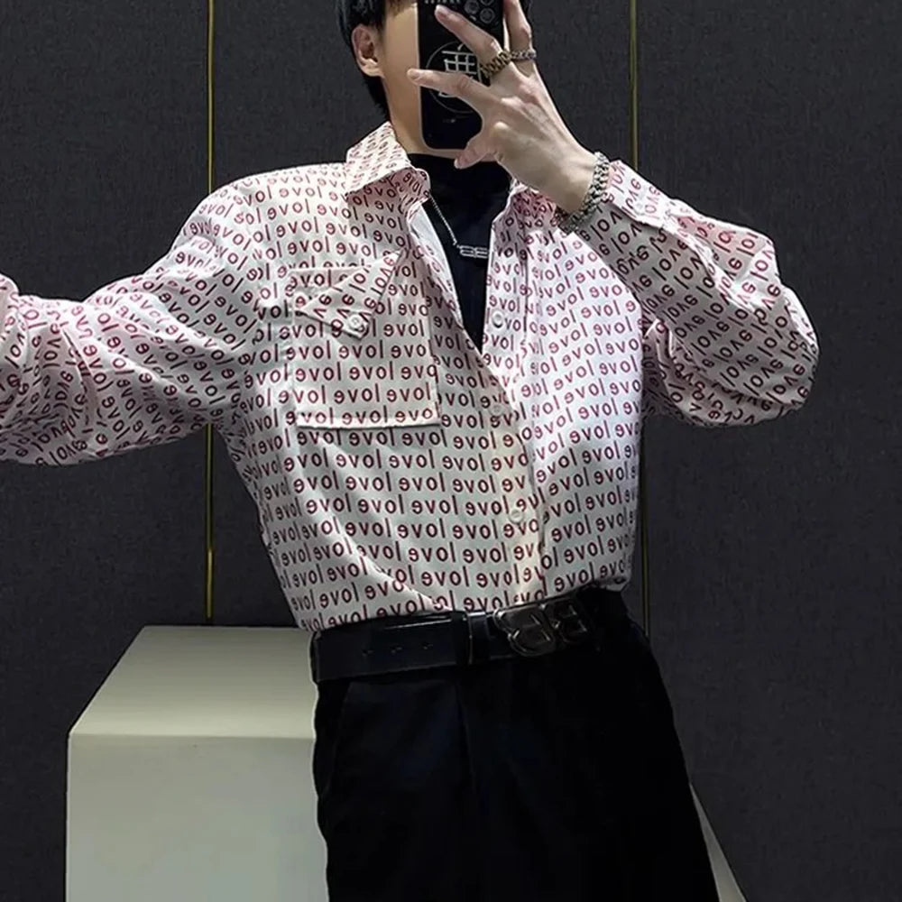 Mens Shirt Love Print Casual Shirt Autumn American Retro Light Streetwear Versatile Campus Long-Sleeve Top Men'S Clothing 2024
