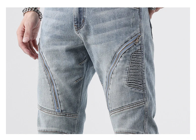 zipper hole patchwork pleated skinny denim jeans men casual slim fit biker trouser jeans fashion streetwear hip hop jean joggers unique joggers style 1792