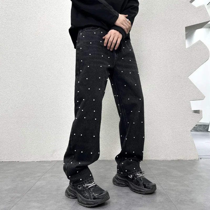 men bead streetwear fashion hip hop vibe loose casual wide leg straight denim jeans baggy pant man boyfriend jeans trousers unique jeans style 2996