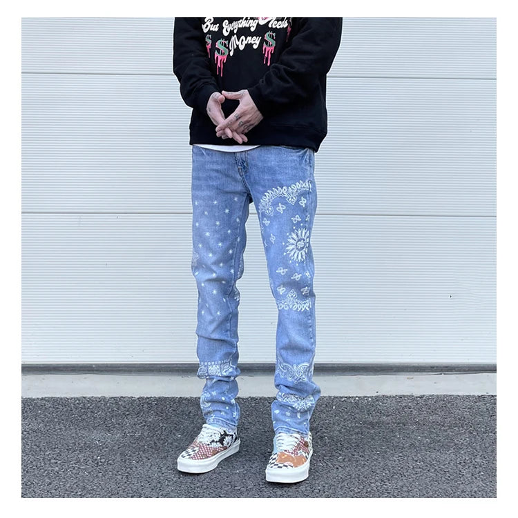 mens high street paisley print denim jeans casual hip hop distressed jeans slim fit skinny denim pants joggers streetwear men unique joggers style 1233