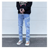 mens high street paisley print denim jeans casual hip hop distressed jeans slim fit skinny denim pants joggers streetwear men unique joggers style 1233