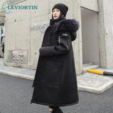 Korean Style Winter Long Parka Coat Men Woman Down Jacket Clothing Hooded Fur Collar Thicken Warm Leisure Lovers Overcoat