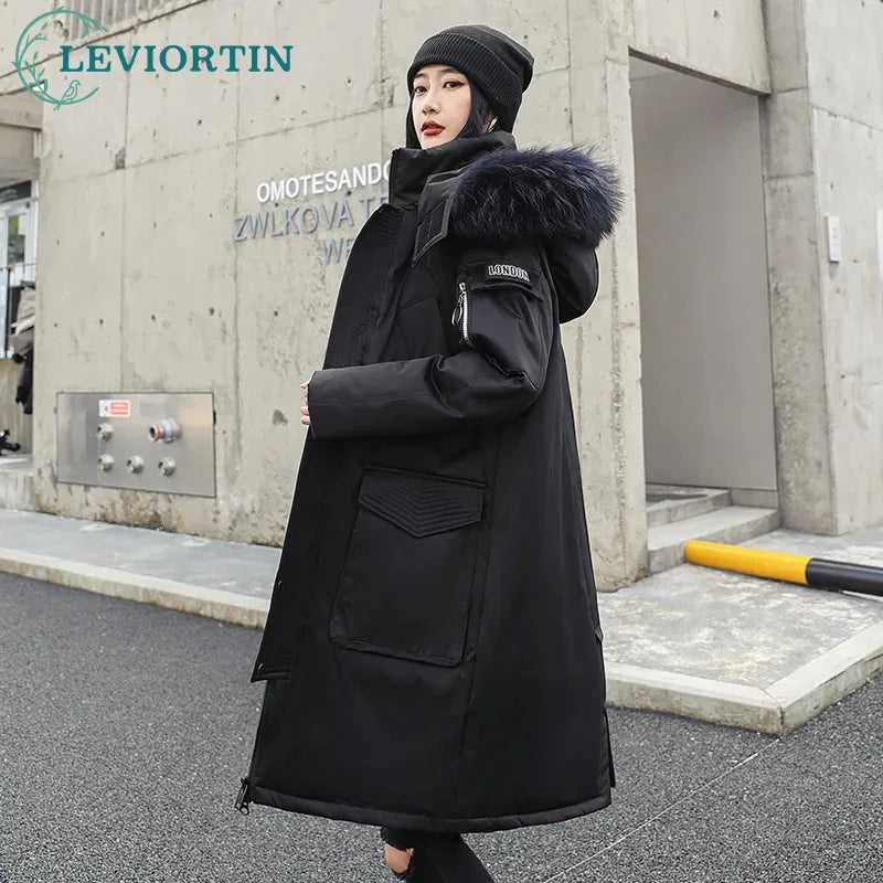 Korean Style Winter Long Parka Coat Men Woman Down Jacket Clothing Hooded Fur Collar Thicken Warm Leisure Lovers Overcoat