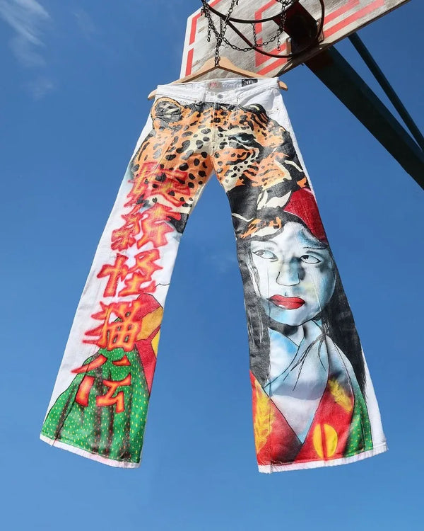 european and american trendy brand anime cartoon print oversized jeans men y2k casual loose high waist washed wide leg pants urban skinny jeans