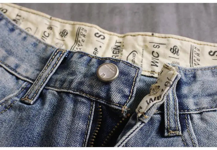 Men's Denim Shorts With Holes Washed Korean Style Straight Quarter  Patch Casual Jeans