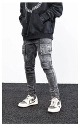 side pocket denim retro jeans mens biker zipper jean trousers hip hop fashion high street slim fit pants joggers y2k men s jeans unique joggers style 2937