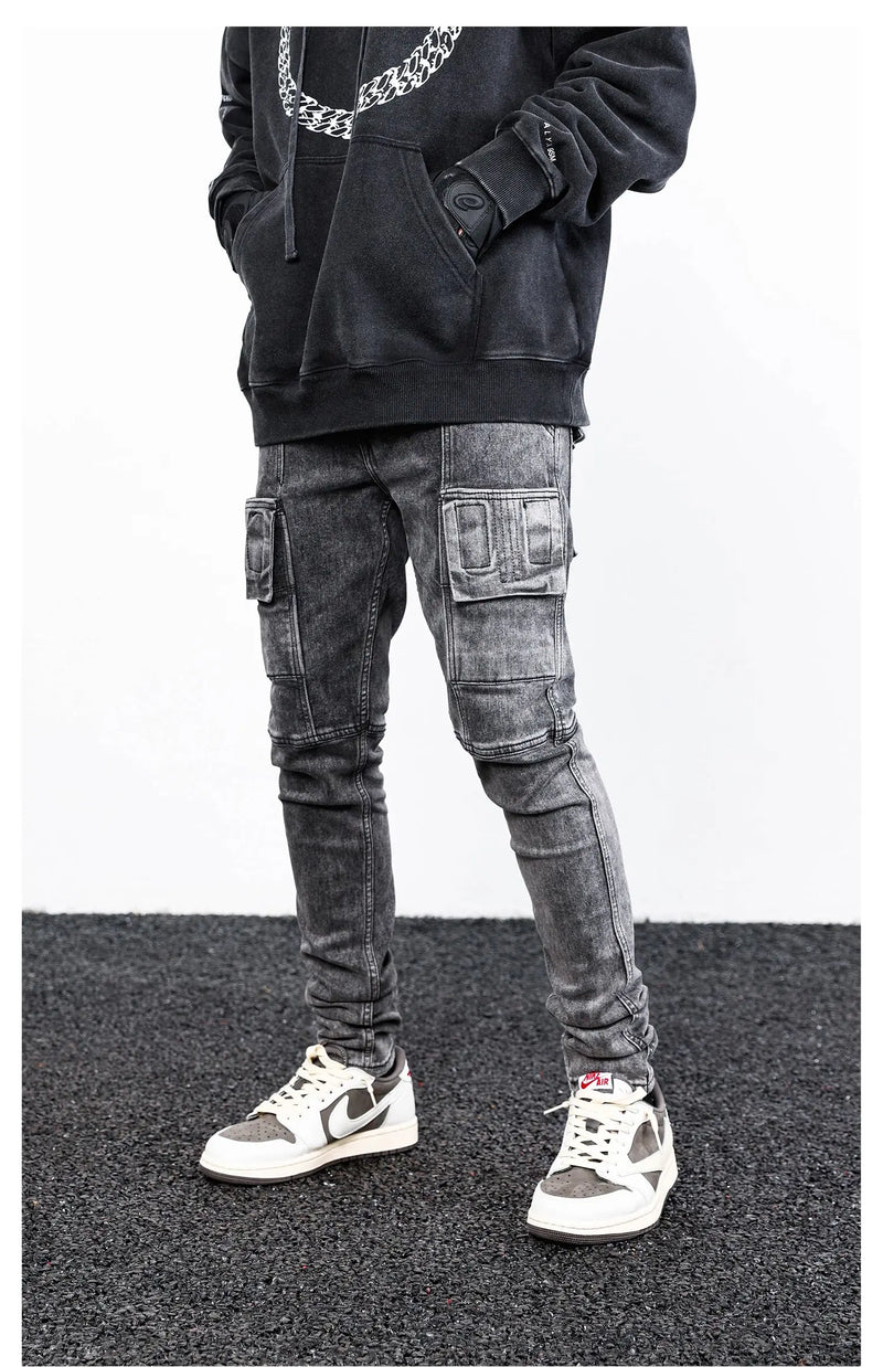 side pocket denim retro jeans mens biker zipper jean trousers hip hop fashion high street slim fit pants joggers y2k men s jeans unique joggers style 2937
