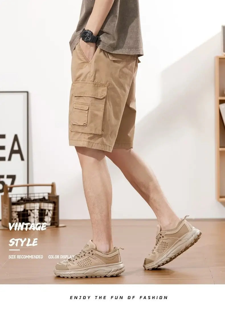 Men's Straight Tooling Shorts for Men Korean Fashion Belt Decoration Khaki Casual
