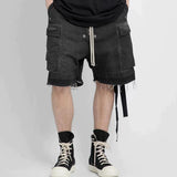 ro style ribbons streetwear multi pockets cargo short for men elastic waist wide leg baggy jeans knee length pants loose overall unique cargo style 4479