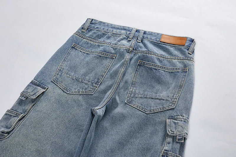 mens baggy jeans side big pocket distressed ripped denim jean straight pants high street cargo jean pants hip hop joggers jeans unique joggers style 3001