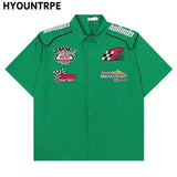Fashion Mens Racing Embroidered Short Sleeves Shirt Casual Short Sleeve Hawaiian Shirt Hip Hop  Harajuku Streetwear Loose Shirts
