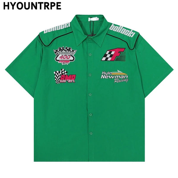 Fashion Mens Racing Embroidered Short Sleeves Shirt Casual Short Sleeve Hawaiian Shirt Hip Hop  Harajuku Streetwear Loose Shirts