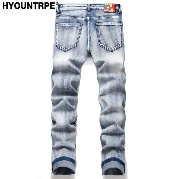 fashion skull graffiti jeans lightning printed denim pants mens distressed biker jeans streetwear slim hip hop pants joggers streetwear sweatpants