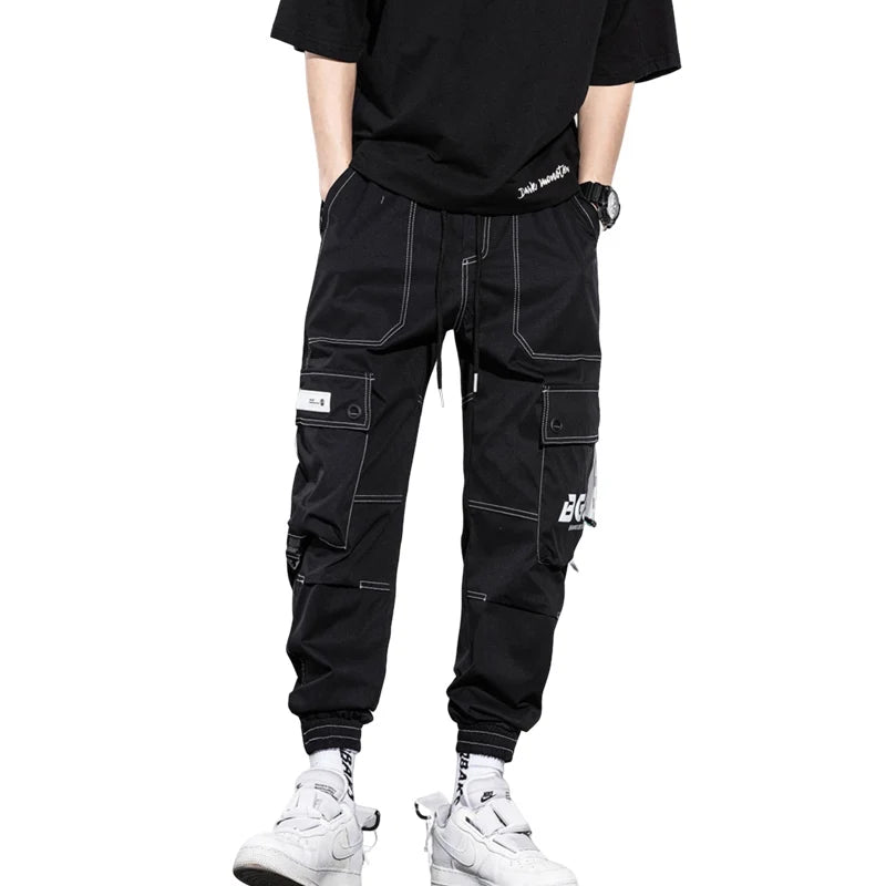 mens side pocket cargo pants casual elastic waist trousers streetwear hip hop loose fit ankle drawstring sweatpants joggers relaxed fit joggers