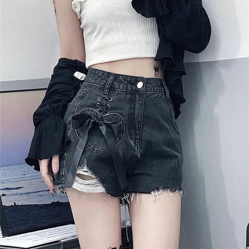 high waist women denim shorts summer fashion bow loose shorts korean casual female streetwear all match ripped pants unique jeans style 1301