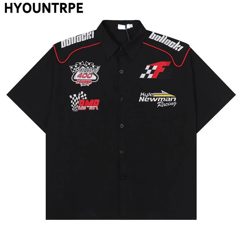 Fashion Mens Racing Embroidered Short Sleeves Shirt Casual Short Sleeve Hawaiian Shirt Hip Hop  Harajuku Streetwear Loose Shirts