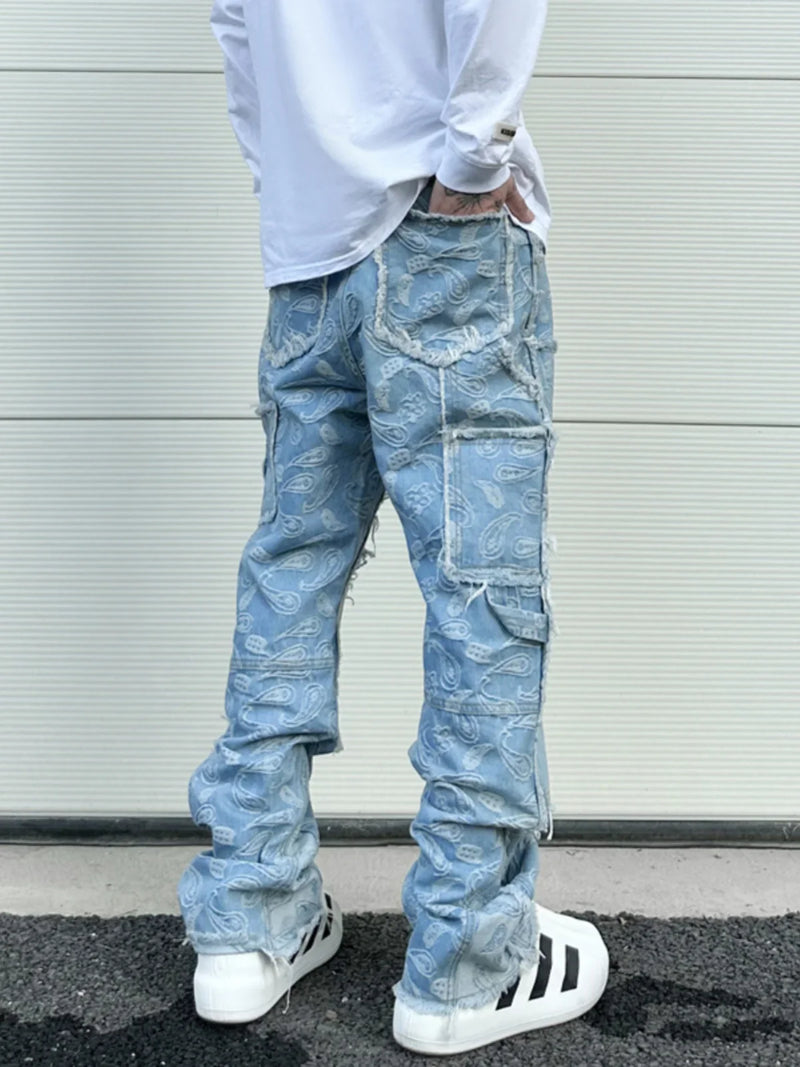 men distressed ripped patchwork paisley denim jean trouser fashion zipper biker jeans streetwear flare pants loose joggers jeans urban active pants