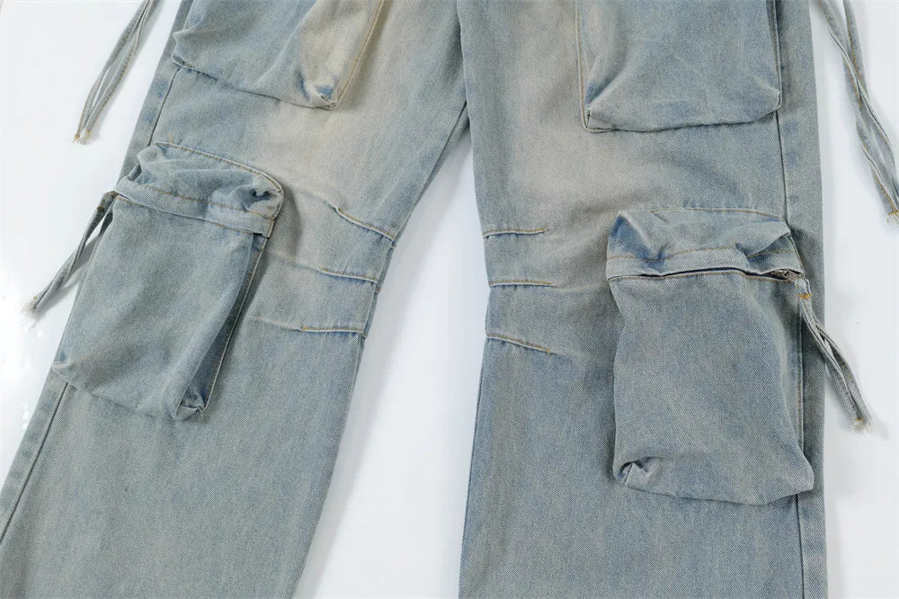 vintage multi pocket baggy jeans mens harajuku cargo denim pants retro hip hop straight loose jean pants men clothing unique cargo style 1083