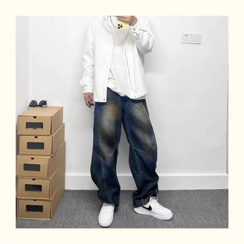 autumn hip hop graffiti painted baggy jeans mens y2l streetwear wide leg denim pants punk fashion distressed gradient jean unique jeans style 270