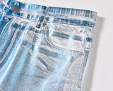 european and american retro blue reflective wax printing jeans pants slim splashing ink cleanfit couple straight leg jeans male unique jeans style 1115