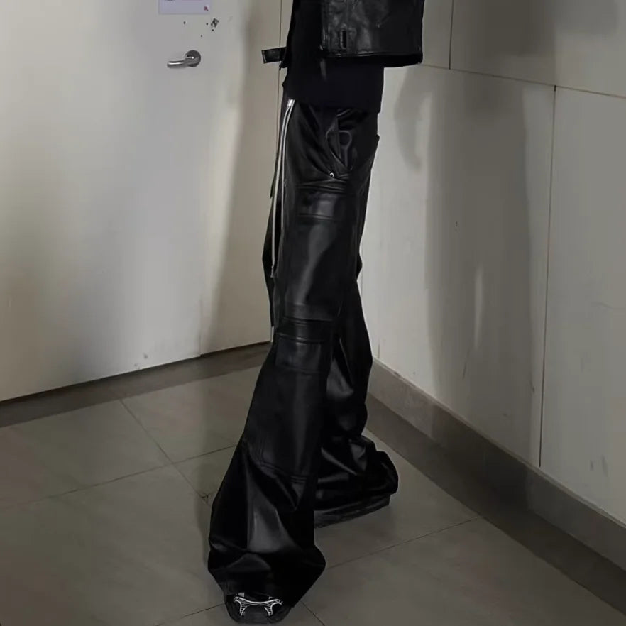 ro style matte pu leather pants for men high street y2k pantalones hombre baggy overall wide leg drawstring cargo pants unique cargo style 5556