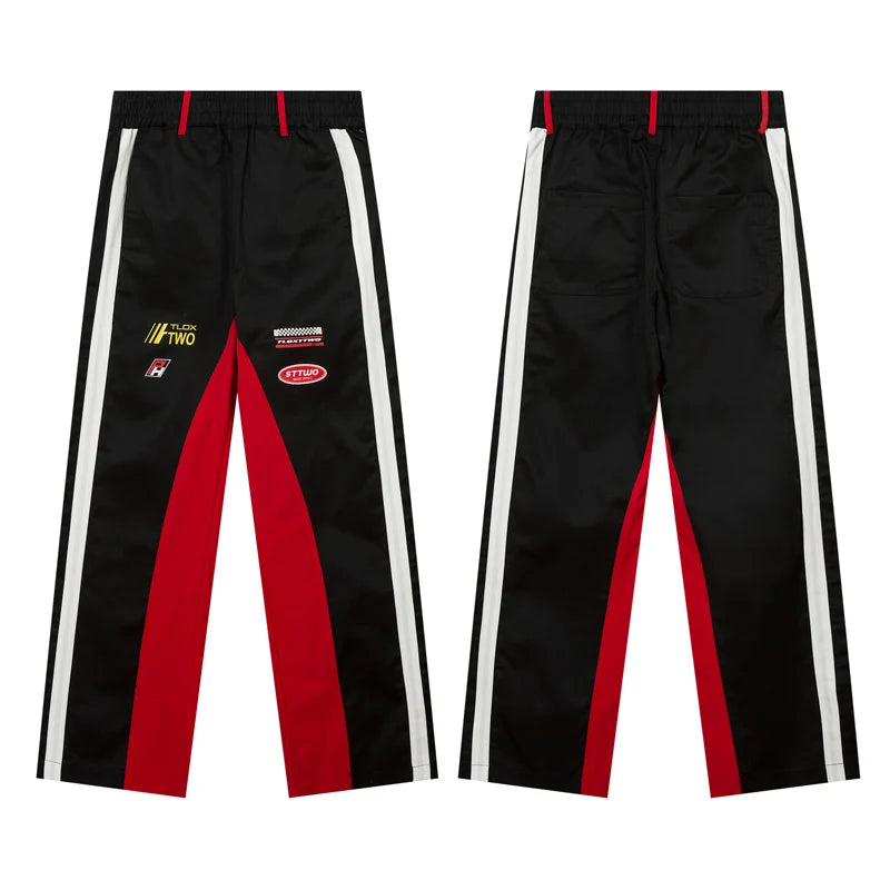 high street side striped spliced straight pants unisex elastic waist streetwear casual racing biker sportwear pants joggers men unique joggers style 4004