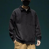 Autumn Y2K Vintage Long Sleeve Sweatshirt Mens Loose Pockets Polo Neck